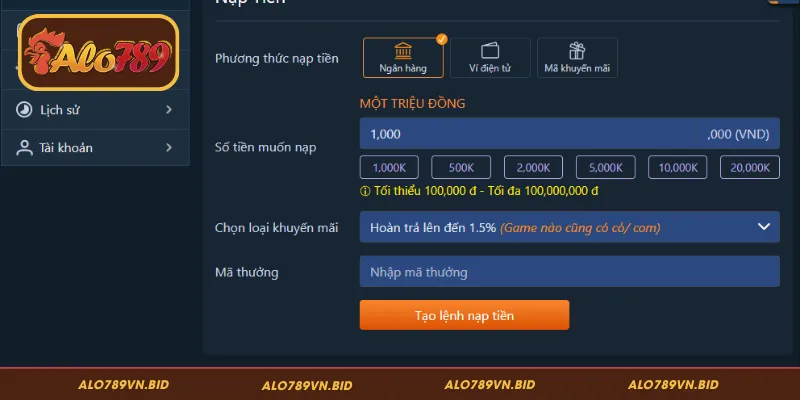 Nạp Tiền ALO789 Nhận Quà Tân Thủ Giao Dịch An Toàn 2 Các phương thức nạp tiền ALO789 phổ biến nhất 2026