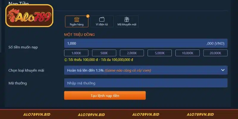 Cách Đặt Kèo Đá Gà ALO789 Chi Tiết Cho Người Mới Tham Gia 2 Truy cập ALO789 và nạp tiền